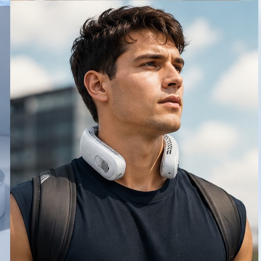 Man wearing the white neck cooler outdoors in the city