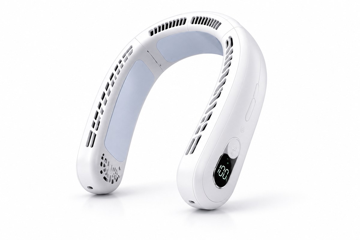 White neck cooler fan on white, three-quarter view showing vents and LED display